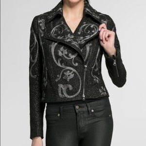 Marchesa Voyage Womens Embroidered Moto Jacket Black Gunmetal Size 12 NWT $695